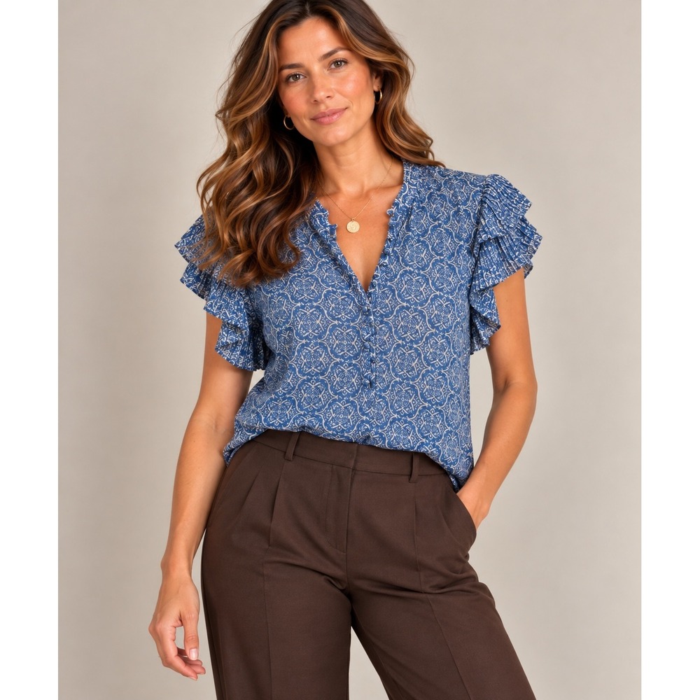 Golbary Ruffle Sleeve Blouse Womens 40/L Blue White Medallion Print‎